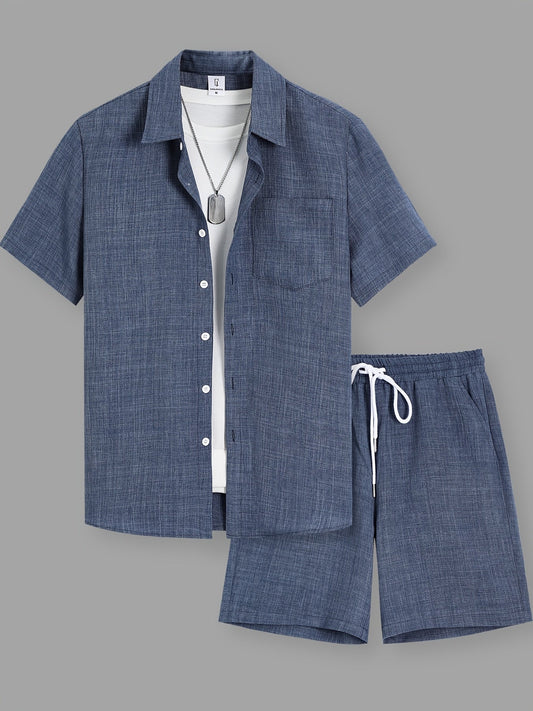 Herr Kortärmad Skjorta och Shorts Set – Avslappnad Sommarlook för Fritid och Semester