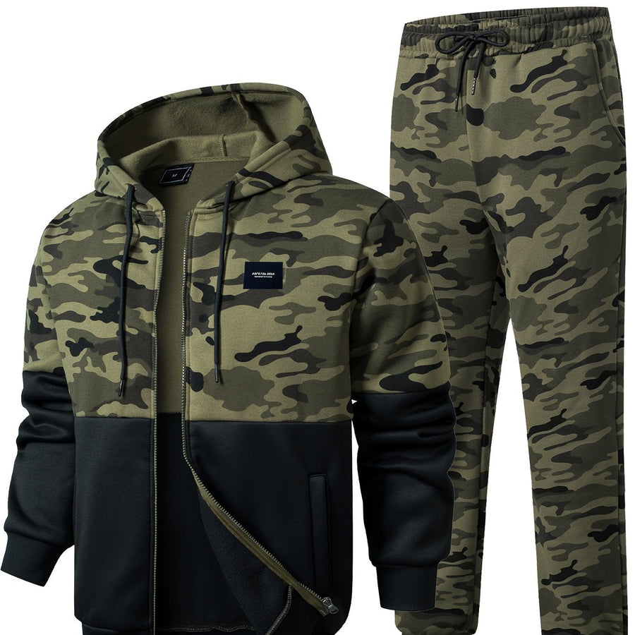 Kamouflagemönstrad Hoodie med Dragkedja och Byxor – Tvådelat Herrset i Grönskala