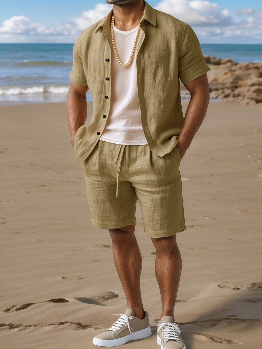 Herrset med kortärmad skjorta och shorts för strand och sommar – Boho-stil