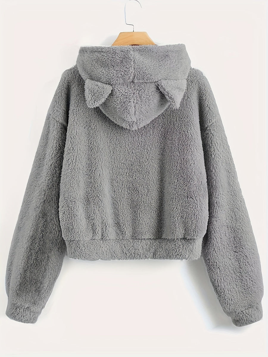 Grå fluffig hoodie med kattöron och kattapplikation, mjuk mysig tröja med huva