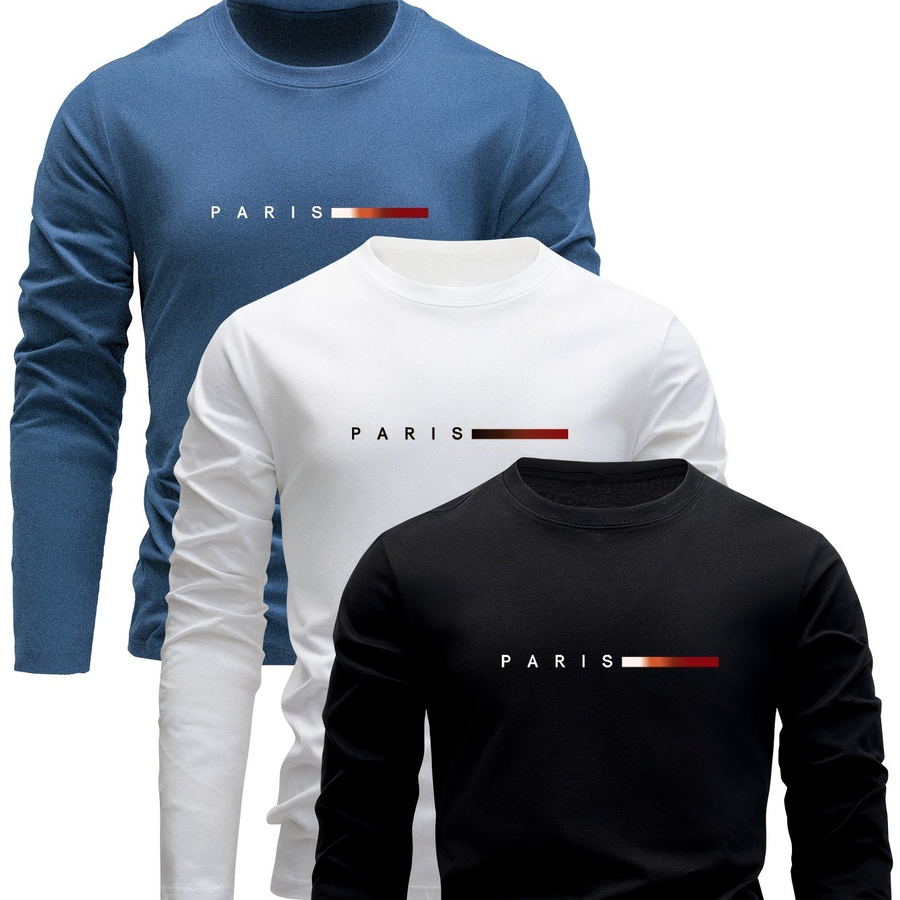 Set om 3 långärmade T-shirts med "PARIS" tryck - Grå, Vit och Svart