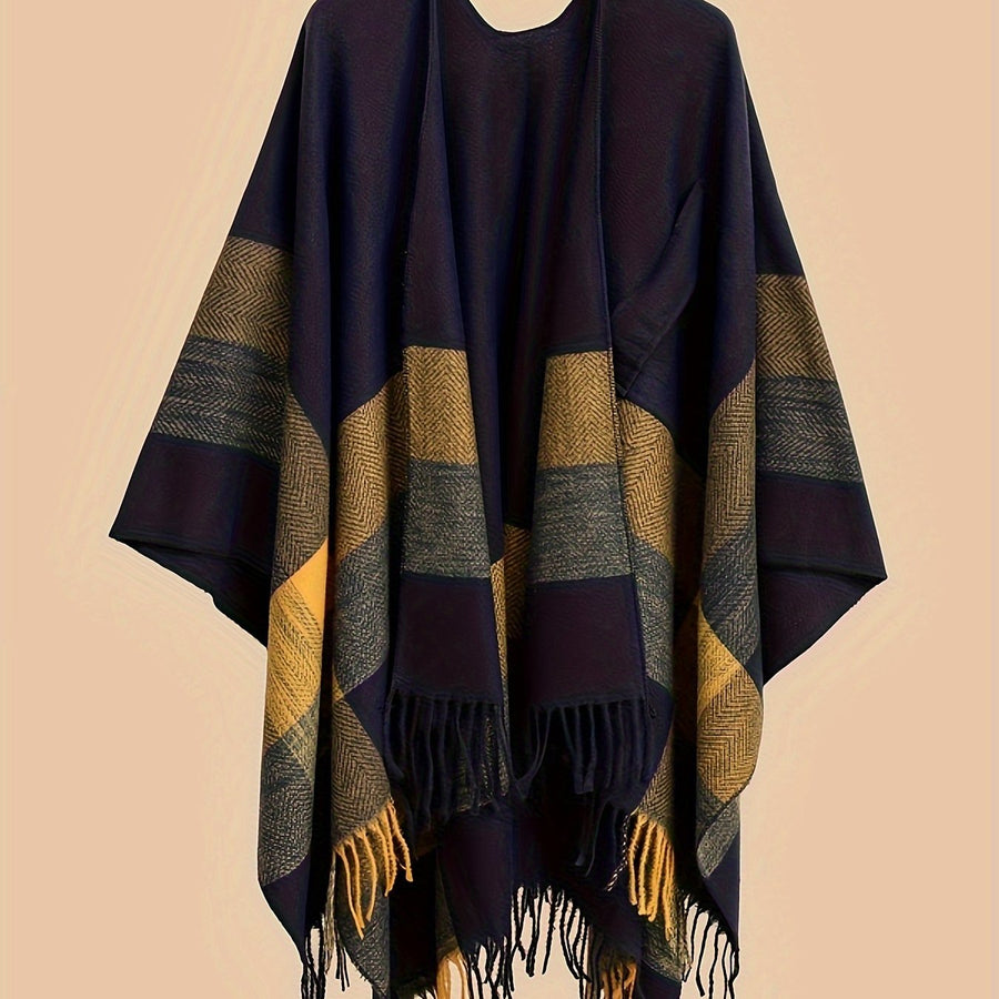 Women's Fringe Trim Open Front Poncho Cape