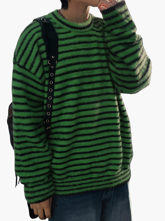 Herr Streetwear Randig Stickad Oversized Tröja – Perfekt för Höst och Vinter
