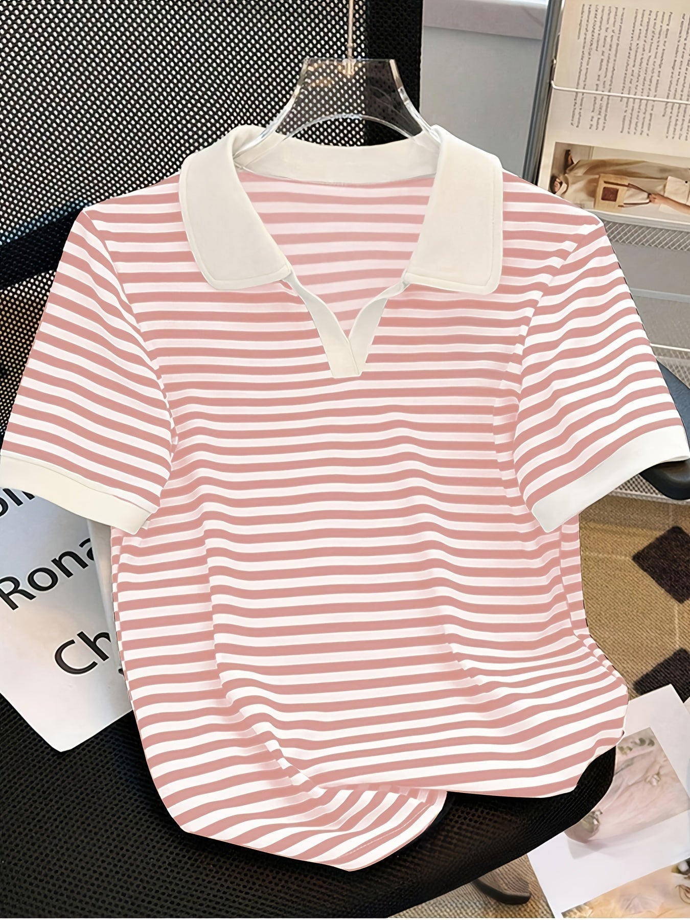 Damers Preppy Randig Pikétröja med Krage – Kortärmad, Vardagsstil, Smart Casual
