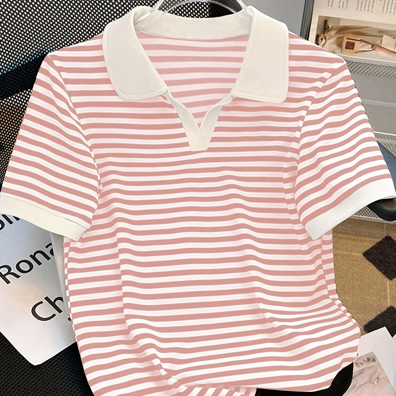 Damers Preppy Randig Pikétröja med Krage – Kortärmad, Vardagsstil, Smart Casual