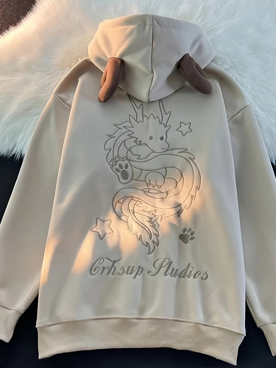 Beige Hoodie med Drakmönster och Horn, Dragkedja, Ribbade Muddar, Lös Passform