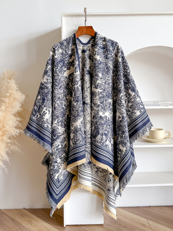 Poncho med mönster och fransar – flera färger
