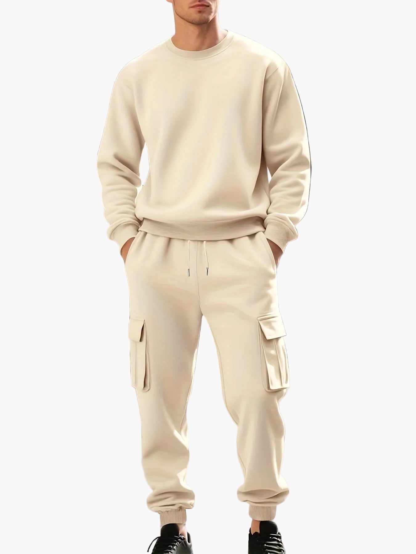Herr Sportig Joggingdräkt Set med Cargo Byxor och Trendig Sweatshirt Fritidskläder