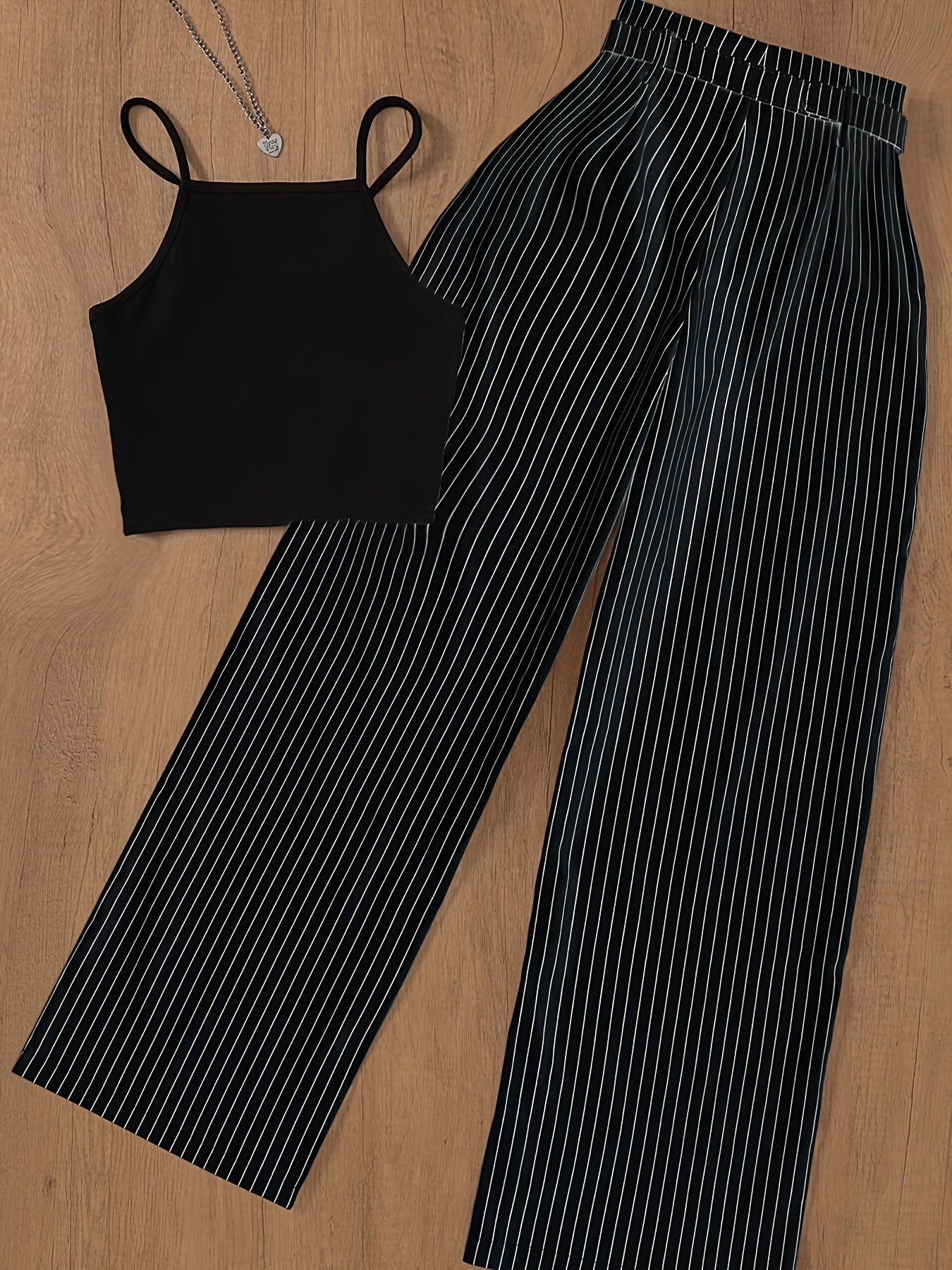 Dam Set: Elegant Randigt Byxor och Crop Top för Vår/Sommar – Perfekt för Kontor och Fest