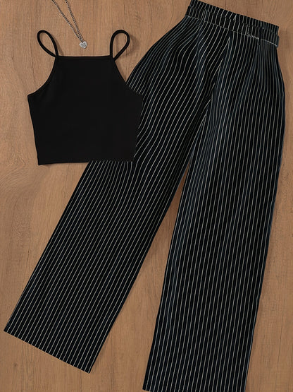 Dam Set: Elegant Randigt Byxor och Crop Top för Vår/Sommar – Perfekt för Kontor och Fest