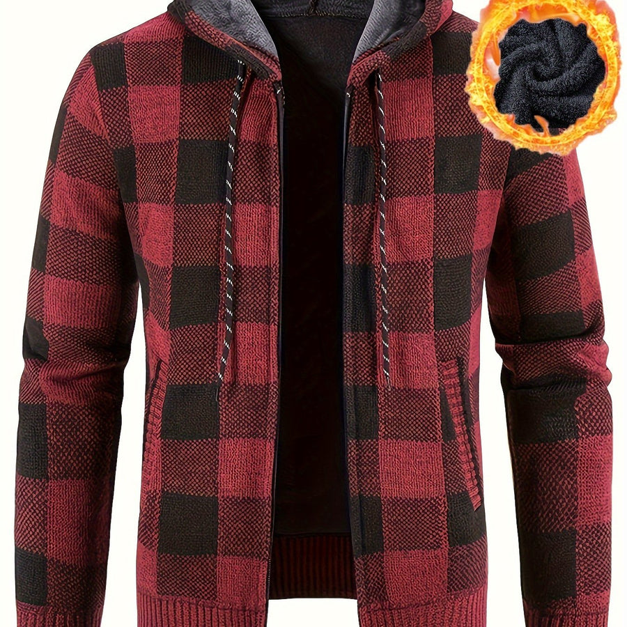 Rutig hoodie med dragkedja och mjukt foder
