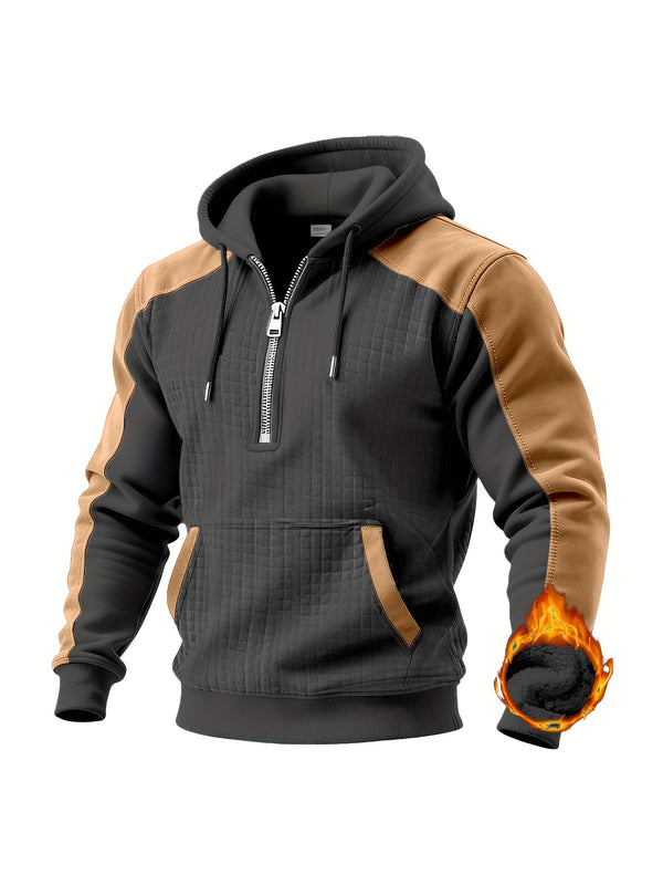 Herr huvtröja med dragkedja, quiltad framsida och bruna axelpartier