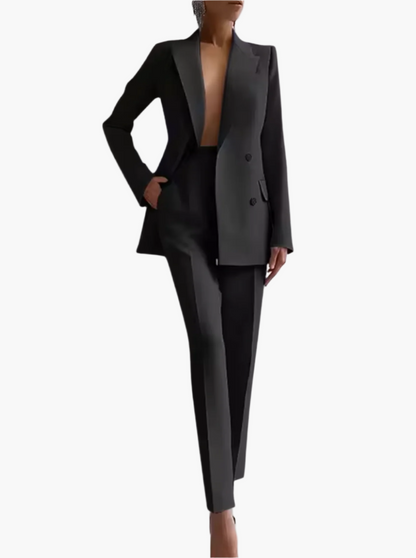 Kvinnors Elegant Kostymset – Figursydd Blazer och Höga Byxor för Kontor och Affärsbruk