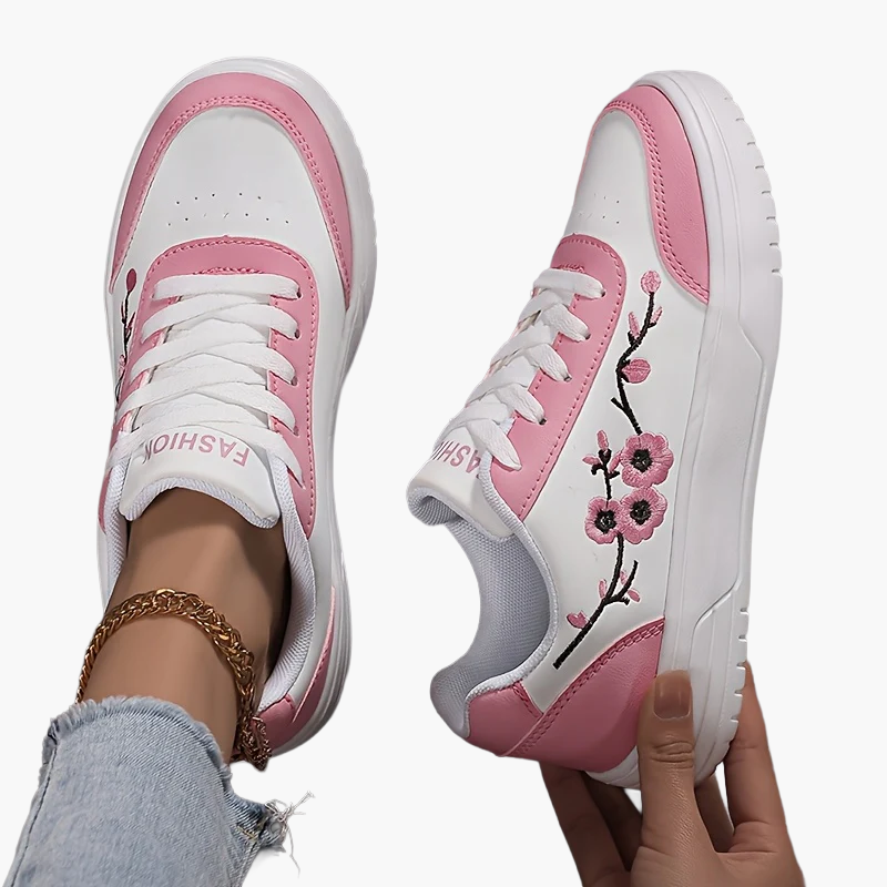 Dam Sneakers Elegant Stil Vardagsskor med Broderade Blommor och Snörning