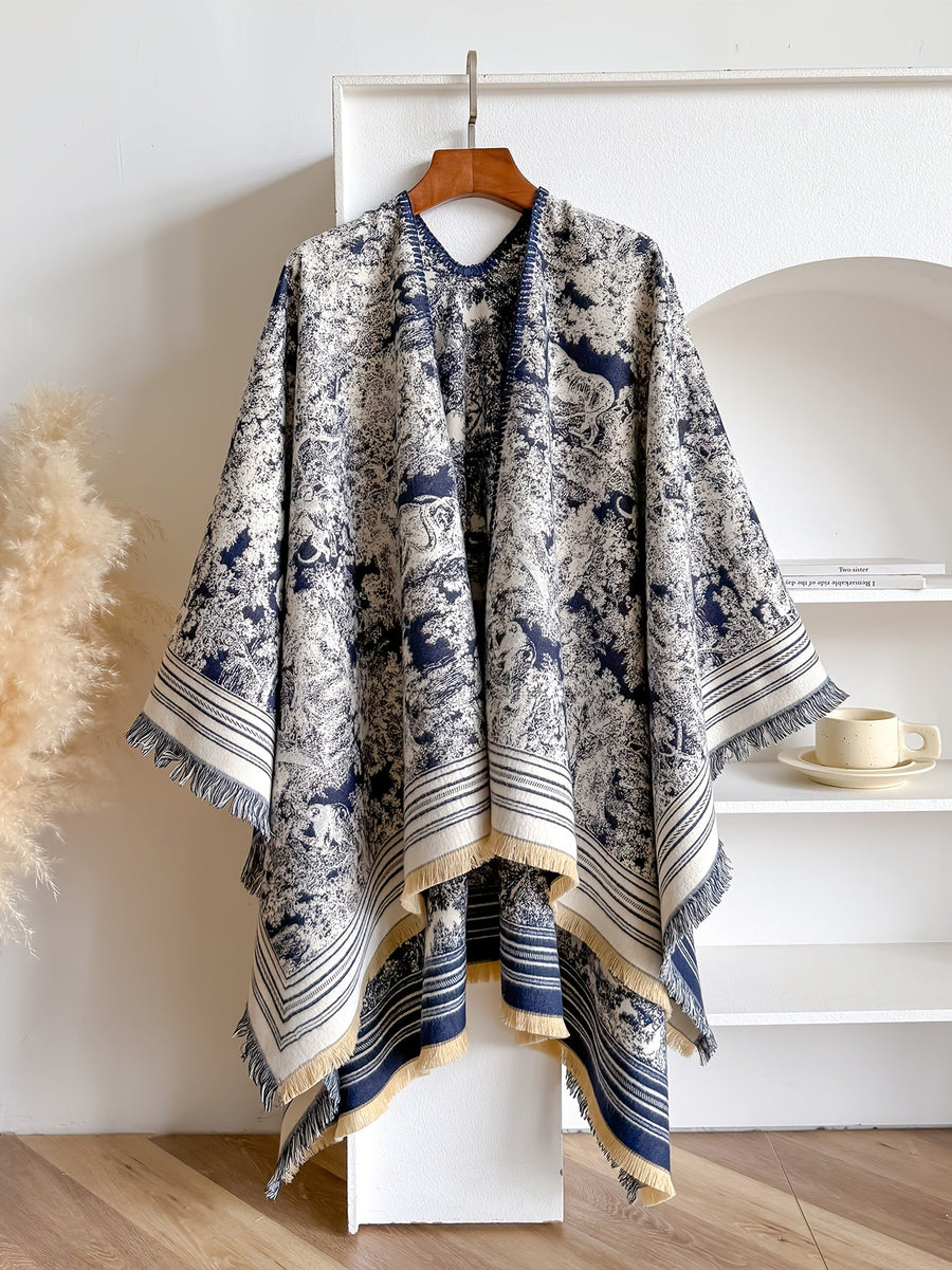 Poncho med mönster och fransar – flera färger