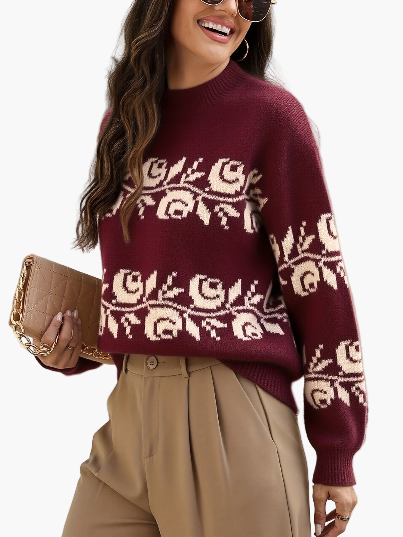 Damtröja Elegant Blommig Jacquard Stickad Pullover för Höst/Vinter