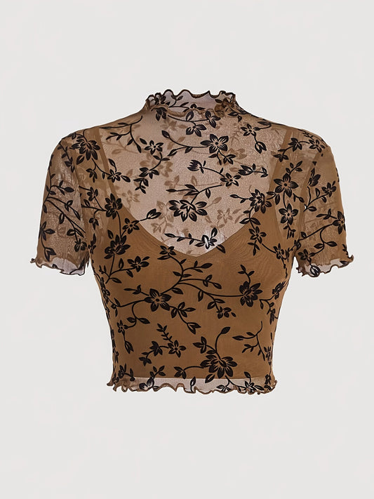 Dam Topp Elegant Mesh Blommönstrad Kortärmad Festtop