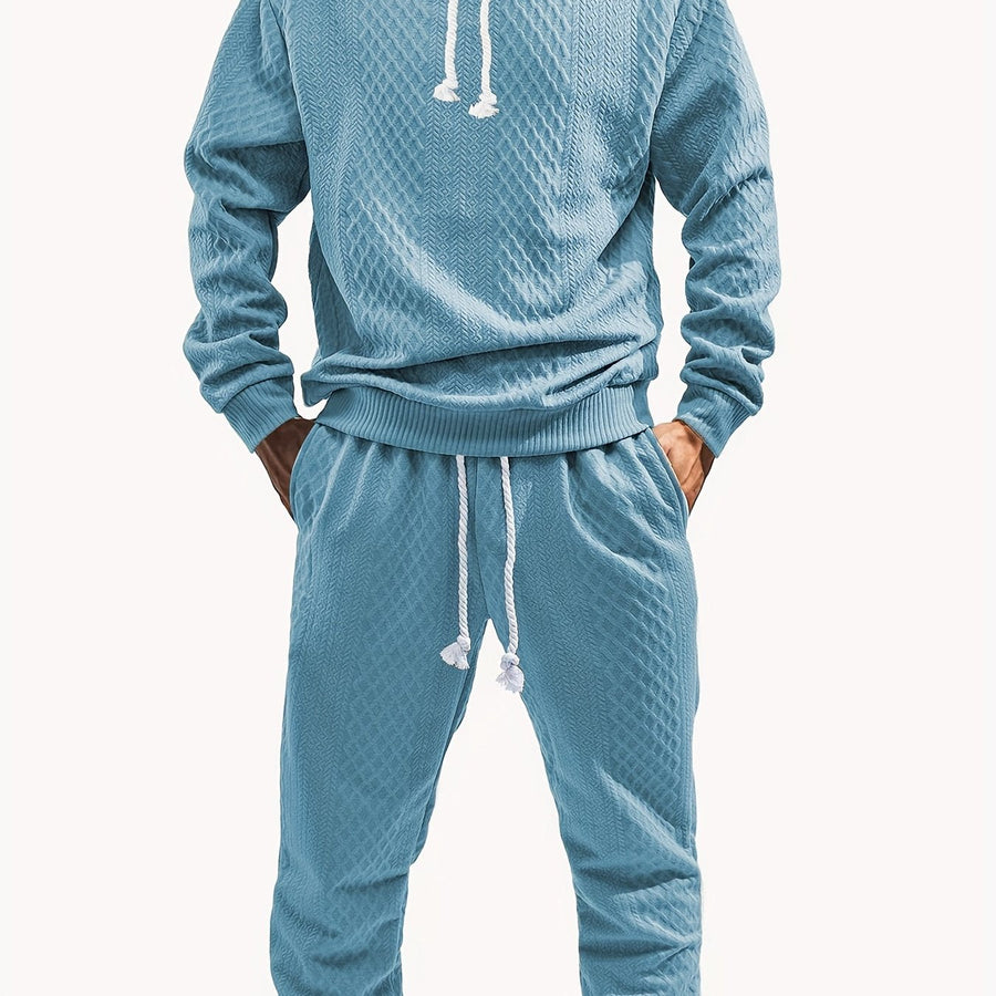 Rutigt Herr Set med Hoodie och Mjukisbyxor i Strukturerat Material