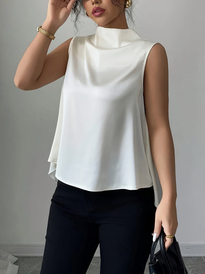 Damblus med hög krage och draperad ärmlös design – elegant för kontor och fest