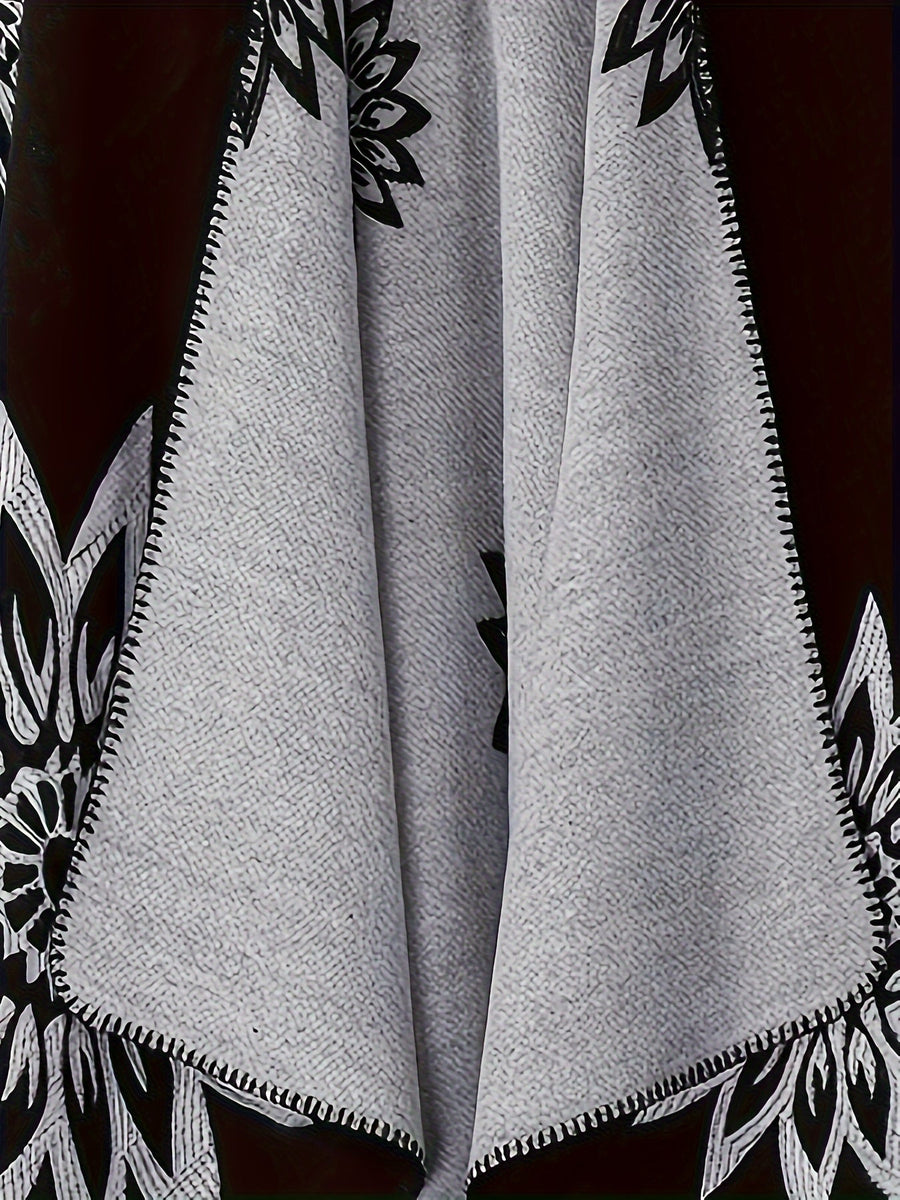 Vändbar poncho med blommönster, svart och grå