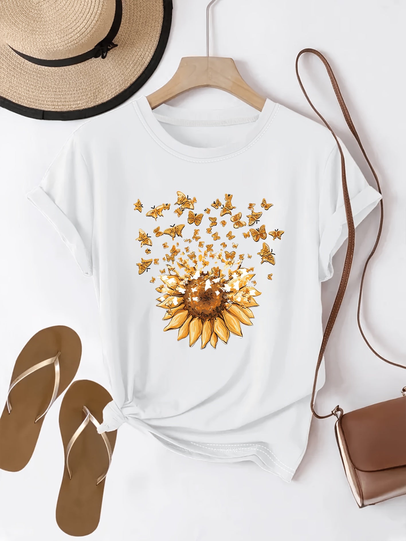 Dam T-shirt med solros och fjärilar, avslappnad stil, vår/sommar