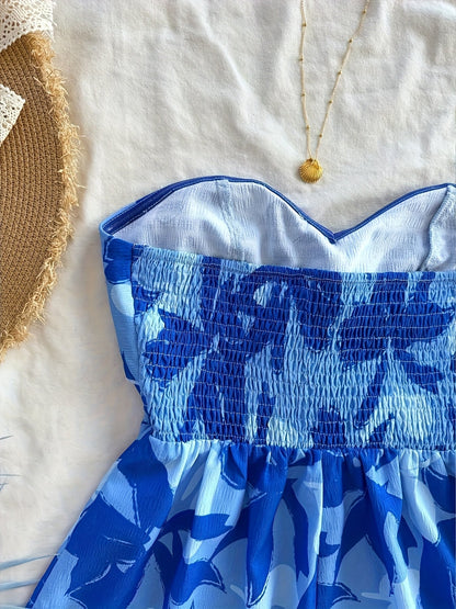 Dam Playsuit Strandstil med Axelbandslös Söt Hjärtringning och Blommigt Mönster