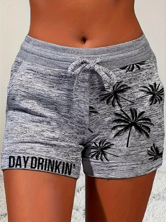 Women's semester lounge shorts med palmtryck och text DAY DRINKIN' - perfekta för sommar och fritid