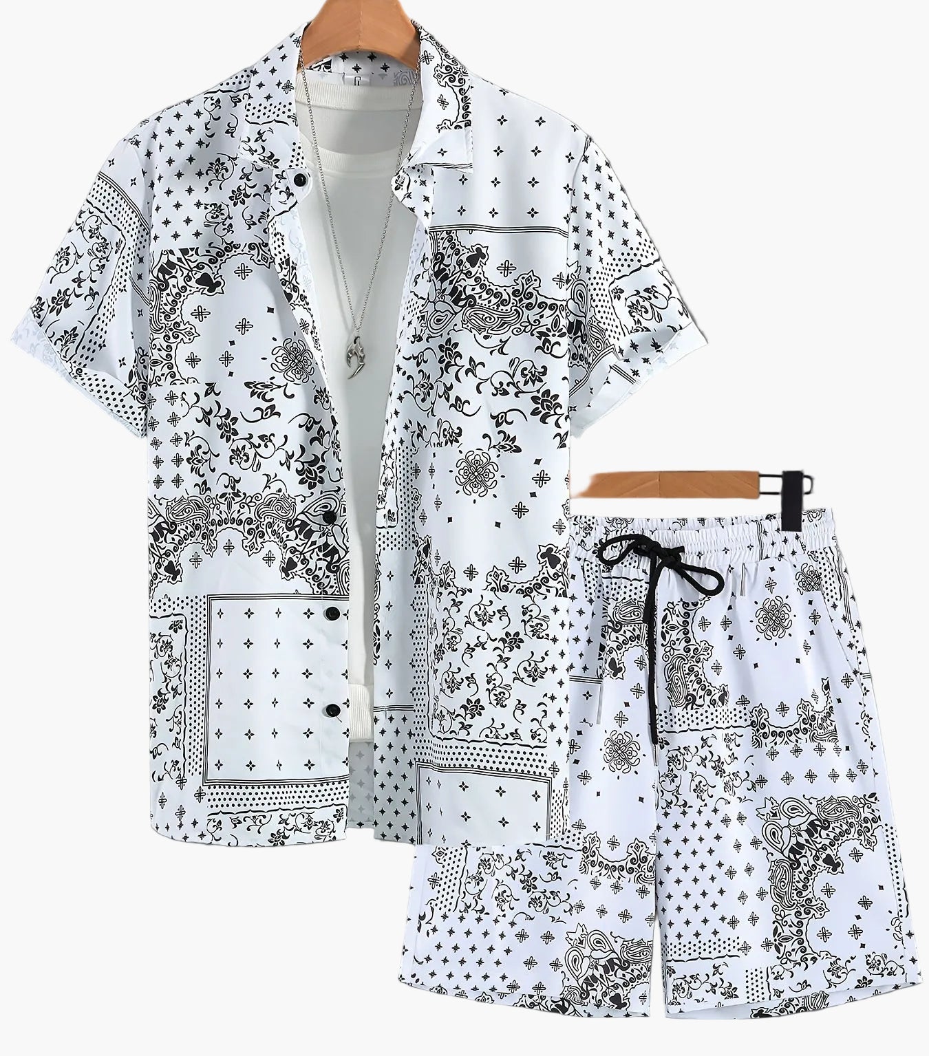 Herr Bandana-Set med Skjorta och Shorts – Avslappnad Sommarstil, Paisleymönster, Perfekt för Semester och Fritid