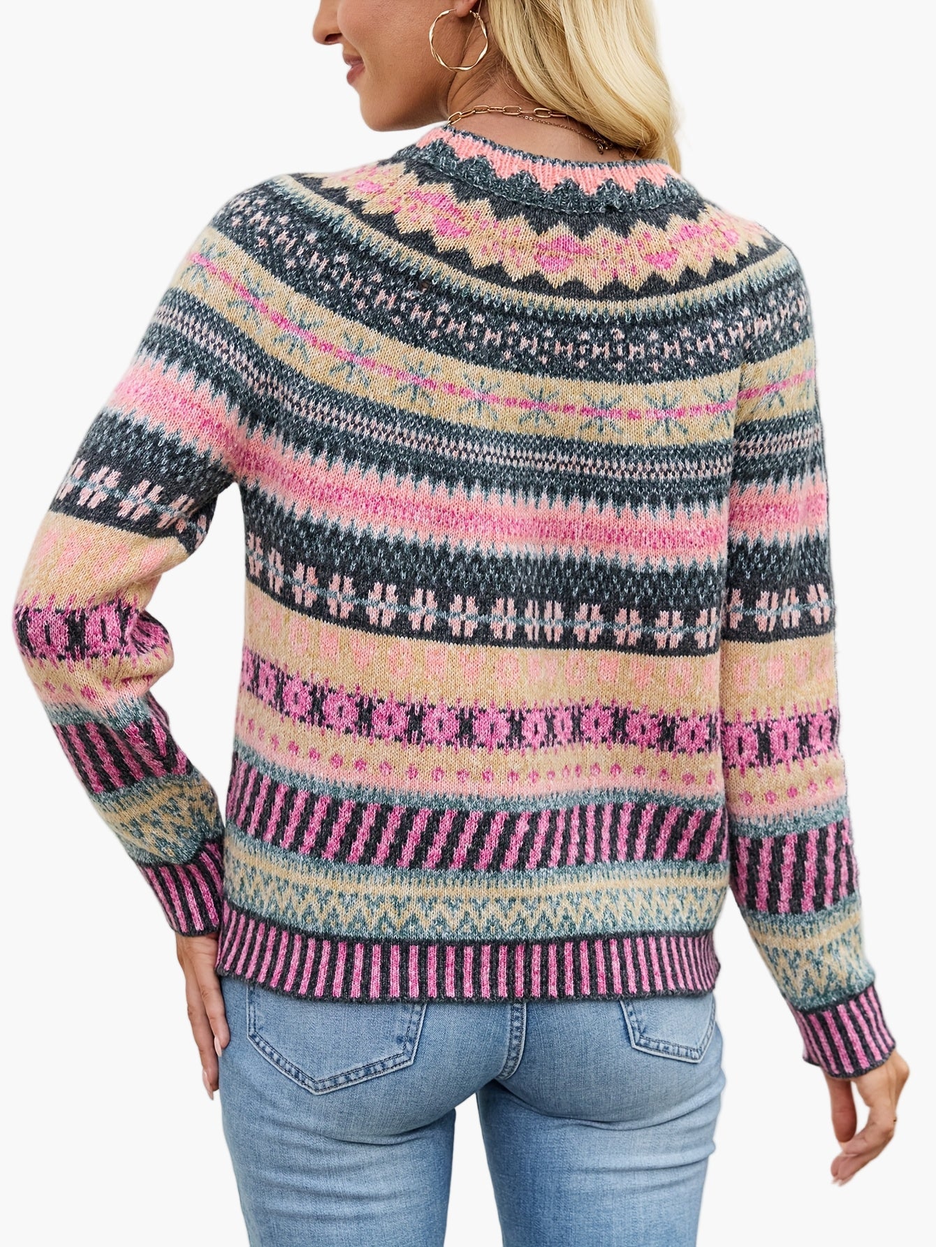Dam Tröja Elegant Mönstrad Stickad Pullover för Höst och Vinter