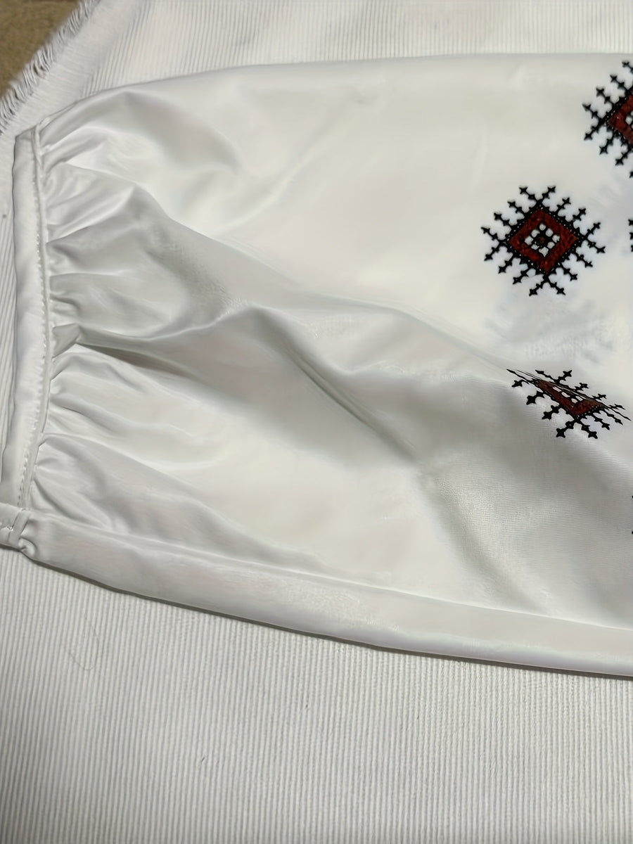 Vit Damblus med Broderat Mönster och Lång Ärm, Rund Halsringning