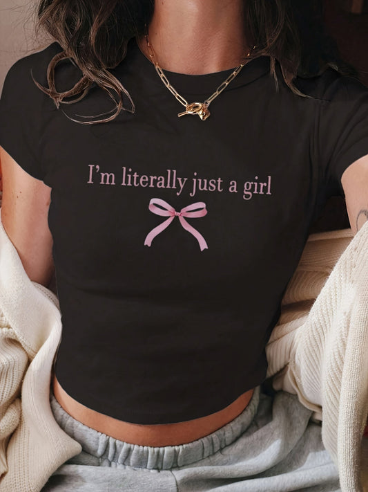 Women's Trendig Croppad T-shirt med Tryck och Söt Rosett – Perfekt för Avslappnade Tillfällen