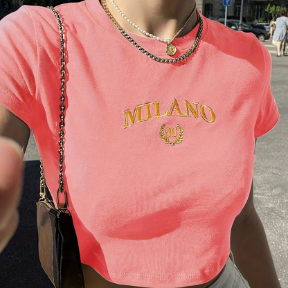 Dam T-shirt Cropped Milano Broderad Trendig Sommar Y2K