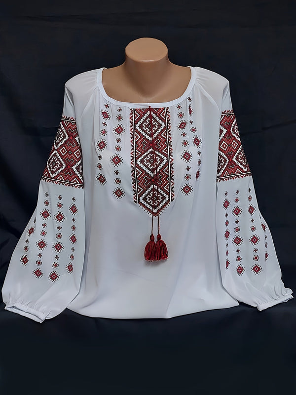 Vit Damblus med Broderat Mönster och Lång Ärm, Rund Halsringning