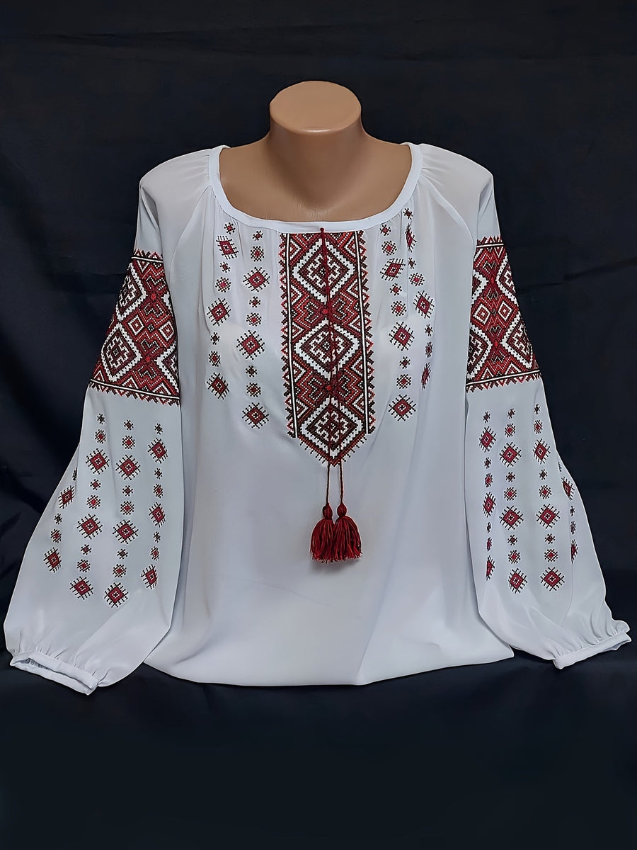 Vit Damblus med Broderat Mönster och Lång Ärm, Rund Halsringning