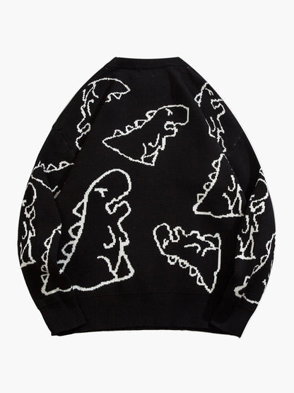Herrtröja med tecknad dinosauriedesign, avslappnad streetwear för höst och vinter