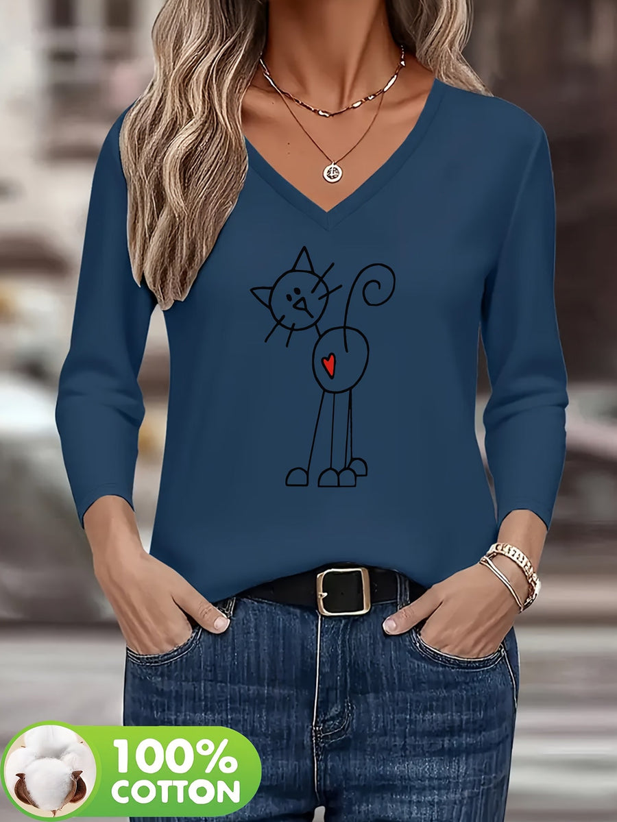 Dam T-shirt med lång ärm, V-ringning och kattryck