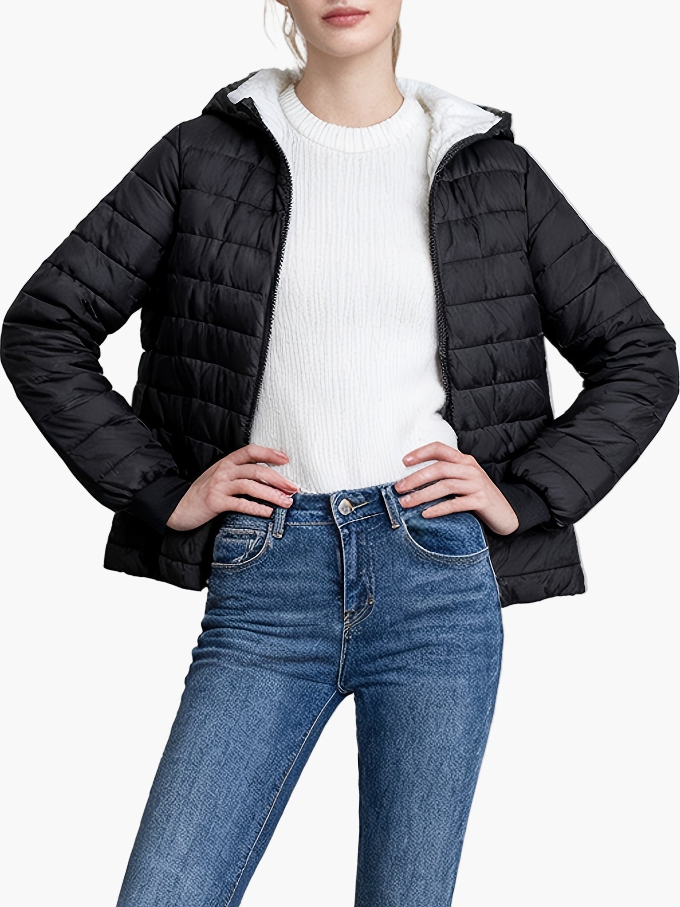 Damjacka Vadderad Kort Elegant Vinterjacka med Huva