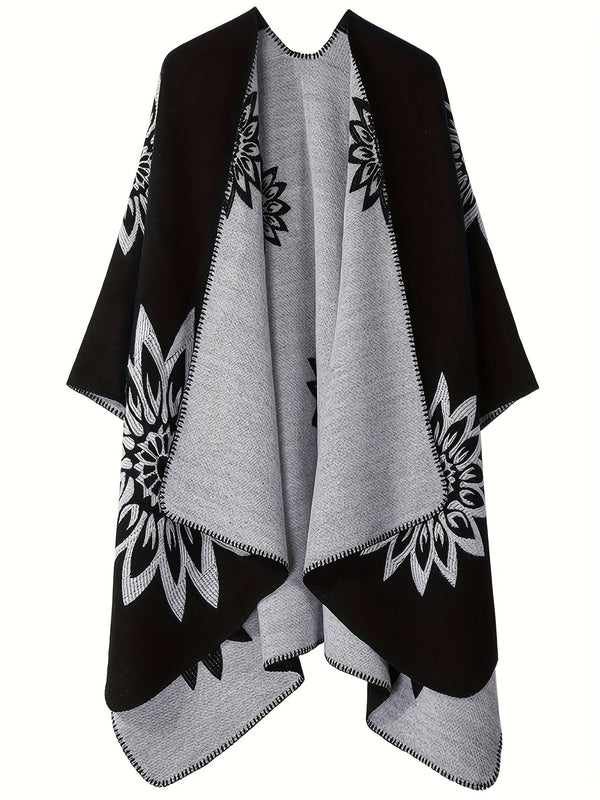 Vändbar poncho med blommönster, svart och grå