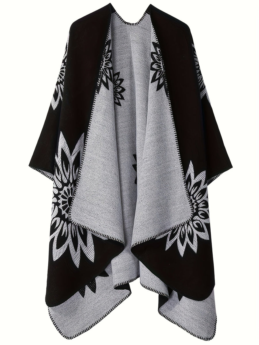 Vändbar poncho med blommönster, svart och grå