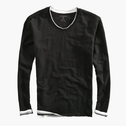 Herr långärmad V-ringad tröja med lager-på-lager-look – Smart-casual stil för vardagsbruk
