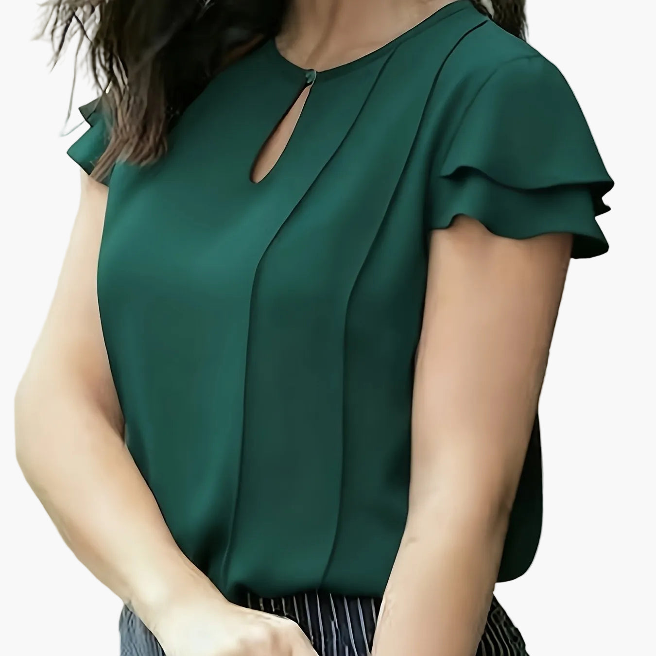 Dam Elegant Blus för Kontor och Fritid med Volangärm och Nyckelhålsdetalj