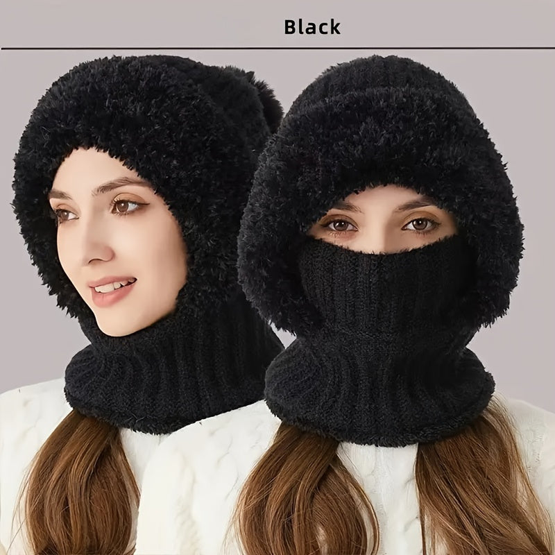 Stickad balaklava med foder i mjukt material och pompom - vintermössa med halsvärmare