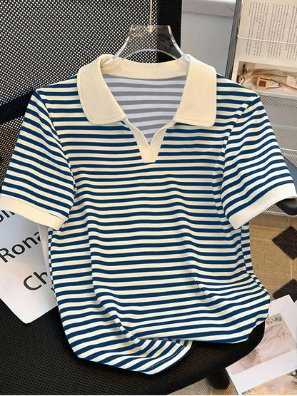 Damers Preppy Randig Pikétröja med Krage – Kortärmad, Vardagsstil, Smart Casual