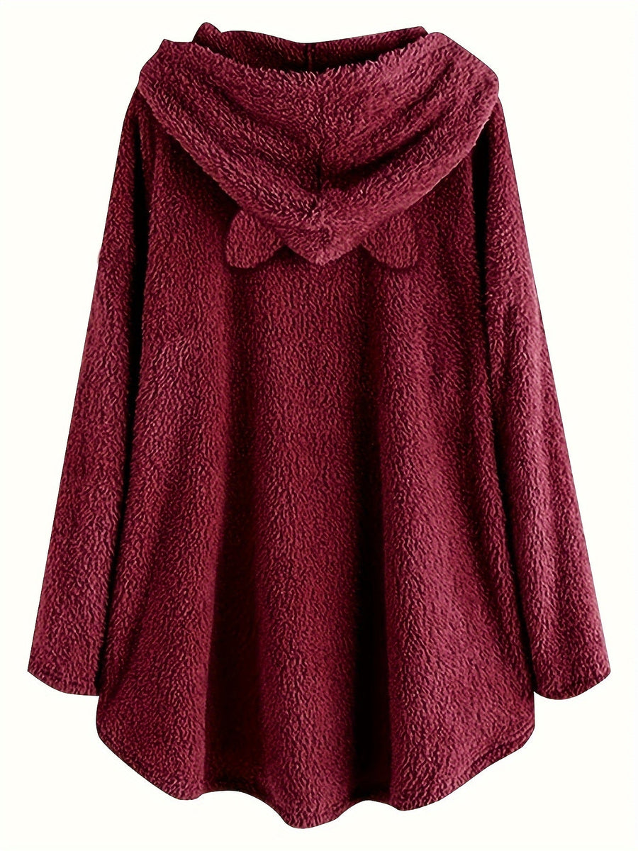 Hoodie för Dam med Kattöron, Kattmotiv och Fickor i Fuskpäls, Burgund/Grå