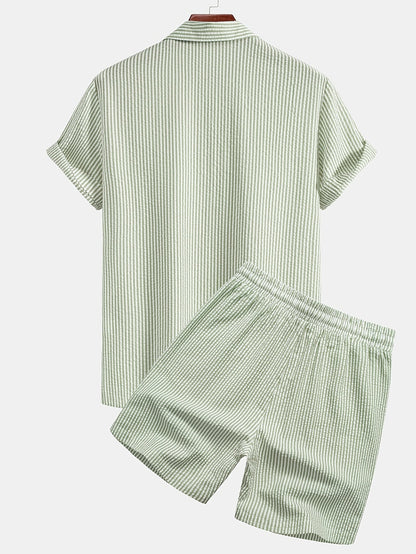 Herr Set med Kortärmad Skjorta och Shorts – Randigt, Avslappnat Sommarset för Strand och Semester