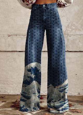 Jennifer – Tryckta Högmidjade Långa Byxor i Premium Vegan Denim