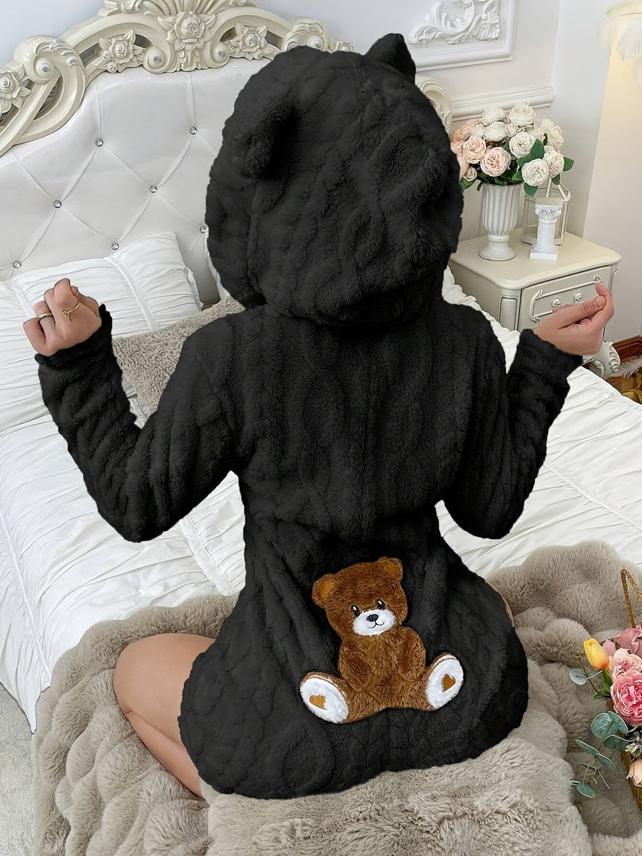 Mysig Teddybjörnsoverall för Dam, Kort Overall med Huva och Dragkedja, Svart eller Vit