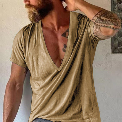Herr T-shirt med djup V-ringning, avslappnad stil, kort ärm – Perfekt för vardag och sommar