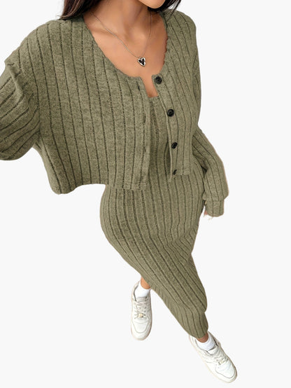 Dam Set med Kjol och Kofta – Elegant Ribbad Stickad Outfit för Vardag och Fritid