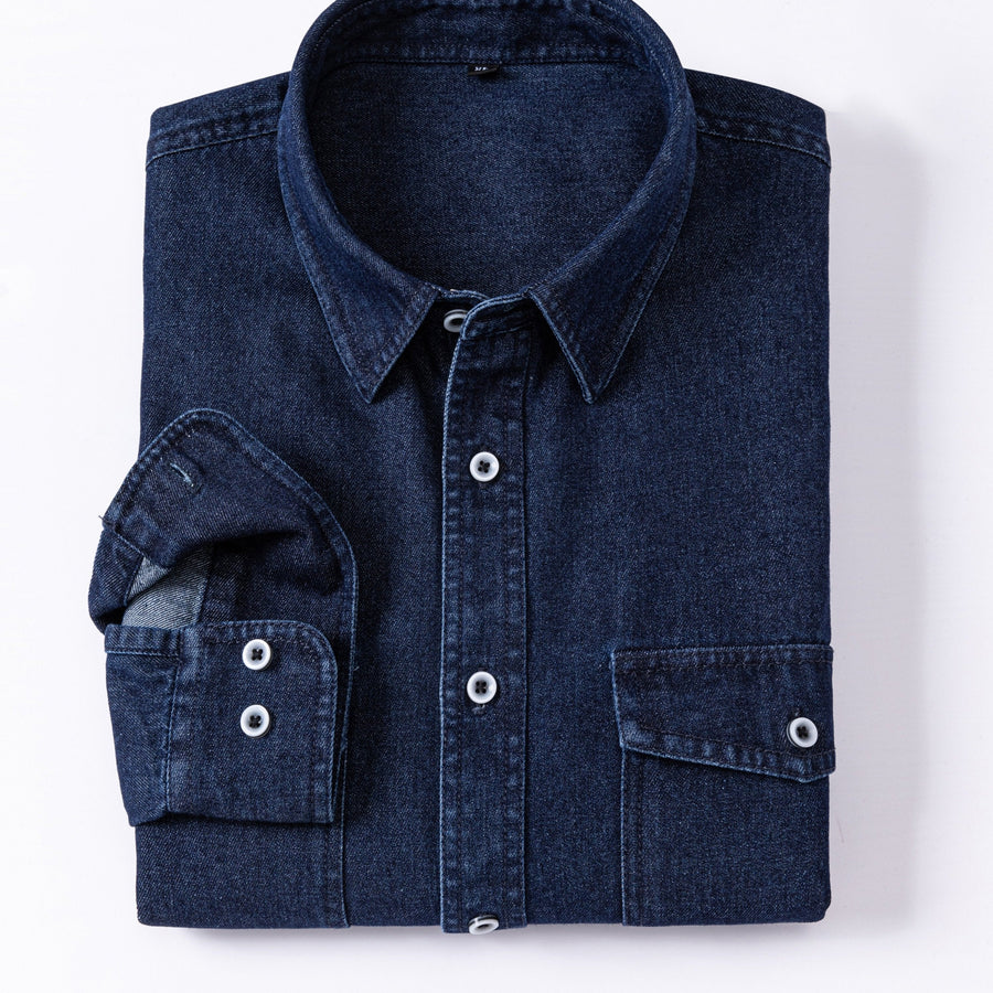 Jeansskjorta med lång ärm och bröstfickor i denimlook